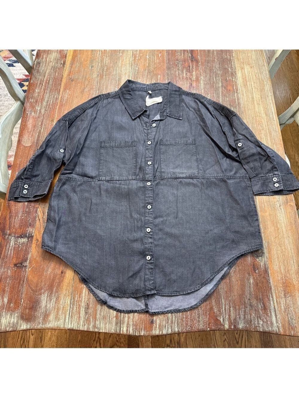 Chambrai Los Angeles Gray Acid Wash Oversized Button Down Shirt - Back Slit - M
